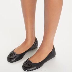 Black Leather Tory Burch Minnie Travel Ballet Flat
